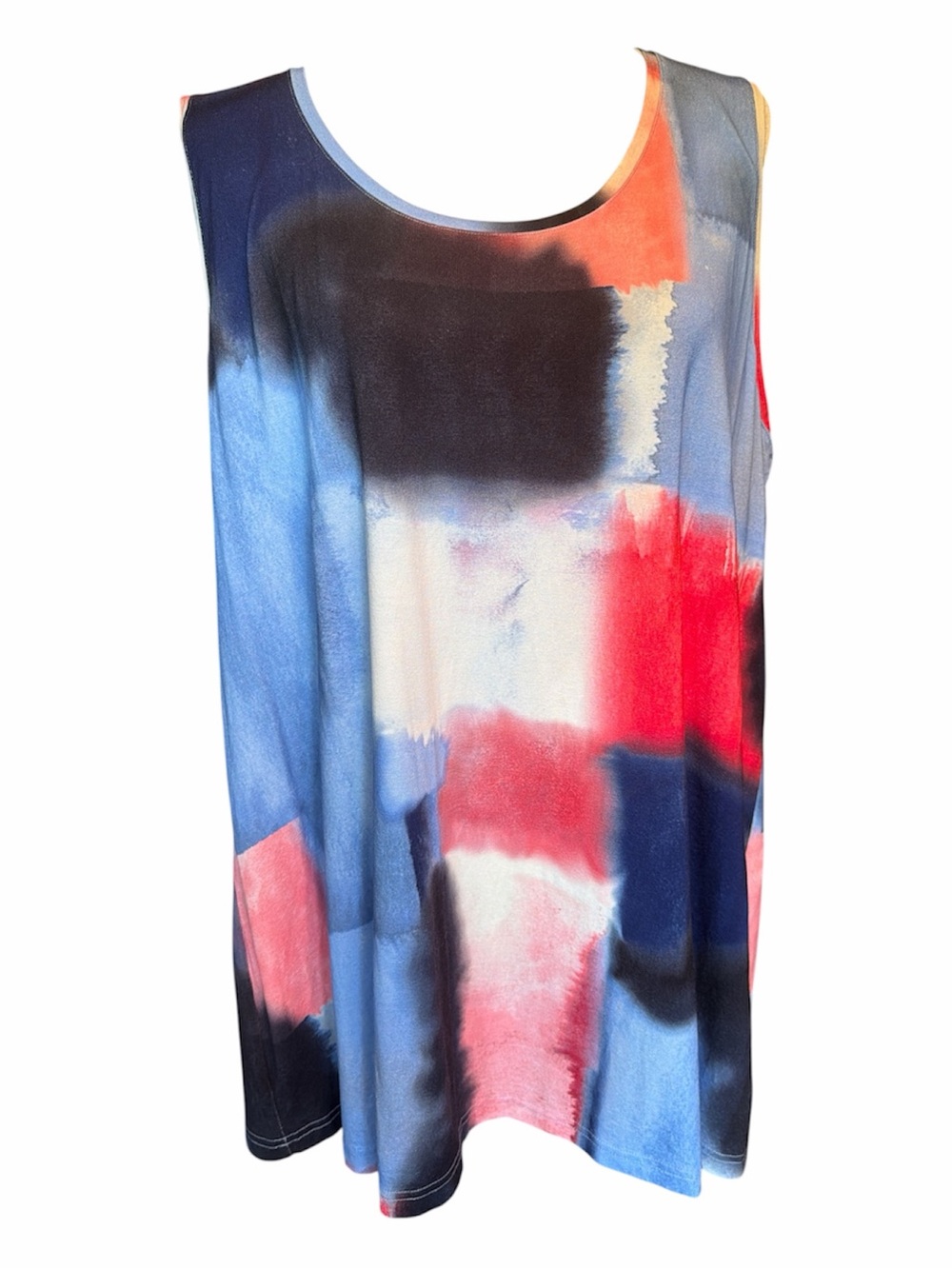 Ulla Popken Abstract Watercolor Scoop Neck Tank in Blue, Pink & Red
